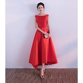 ieftine Rochii de Party-Rochie de seară în stil A-Line Rochie roșie și verde Rochie de nuntă pentru invitați Rochie de petrecere Asimetrică Fără mâneci Guler din piatra prețioasă Satin cu aspect elegant pentru a impresiona