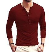 preiswerte Lässiges Henley-T-Shirt-Herren T-Shirt mit Knöpfen T Shirt Langarmshirt Langarm Stehkragen Frühling &amp; Herbst Einfach Leicht Klassisch Lässig Button-Down Urlaub Lässig Ferien Wein Schwarz Weiß Top T-Shirt für Herren