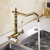 economico Rubinetti per lavello-rubinetto miscelatore lavello da cucina tradizionale, rubinetti da cucina per recipienti in stile retrò doppi manici monoforo girevole cromato / ottone / nichel spazzolato beccuccio standard