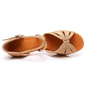 economico Scarpe per balli latini-Scarpe da ballo latino con cinturini dorati da donna – tacchi alti con suola in pelle scamosciata per salsa, ballo da sala e prove