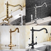economico Rubinetti per lavello-rubinetto miscelatore lavello da cucina tradizionale, rubinetti da cucina per recipienti in stile retrò doppi manici monoforo girevole cromato / ottone / nichel spazzolato beccuccio standard