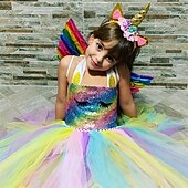 abordables Robes avec des licornes-Enfants Fille Robe à imprimé arc-en-ciel Coloré Soirée Robe Tutu La photographie Paillettes Licou Le style mignon Princesse Tulle 2-8 ans Argent Violet Dorée