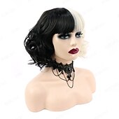 abordables Perruques de personnages de films-perruque gothique rebcass perruque synthétique cosplay cruella boucles lâches bouncy curl bob avec perruque bang soignée cheveux synthétiques noir/or pour femmes résistant à la chaleur bonnet gratuit