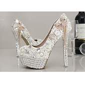 economico Semi-formale-tacchi a spillo con plateau impreziositi da strass bianchi e perle da donna con fiocco – scarpe da sposa di lusso