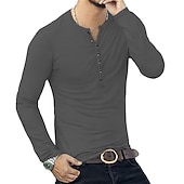 preiswerte Lässiges Henley-T-Shirt-Herren T-Shirt mit Knöpfen T Shirt Langarmshirt Langarm Stehkragen Frühling &amp; Herbst Einfach Leicht Klassisch Lässig Button-Down Urlaub Lässig Ferien Wein Schwarz Weiß Top T-Shirt für Herren