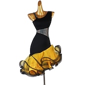 preiswerte Kleidung für lateinamerikanische Tänze-Tanz-Salsa-Latin-Tanzkleid mit Kristallen/Strasssteinen, Damen-Training, ärmellos, hoher Spandex-Organza