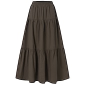 cheap Dresses-Women&#039;s Swing Work Skirts Long Skirt Vintage Summer Maxi Skirts Solid Colored Pleated Ruffle Vacation Causal Black Wine Purple Brown Autumn / Fall Cotton Cotton And Linen