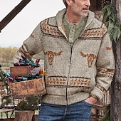 abordables suéter de la rebeca de los hombres-Hombre Pulóveres Cárdigan Tejer De Punto Abstracto Cuello Camisero Elegante Estilo retro Ropa Cotidiana Ropa Invierno Otoño Gran cantidad de suministro a largo plazo al contado Caqui S M L
