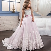 preiswerte Kleider für die Blumenmädchen-kinderkleidung Mädchen Blumenmädchen Kleid Kleid Ärmellos Hochzeit Party Schleife Elegant Vintage Spitze Tüll Maxi 4-13 Jahre Weiß Rosa Rote