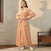 preiswerte Bademäntel für Damen-Damen-Schlafanzug, Bademantel, Nachthemd, 1 Stück, reine Farbe, warmer Plüsch, lässig, Party, Zuhause, Alltag, Fleece, Frottee, V-Bügel, lange Ärmel, moderner Stil, Gürtel inklusive Tasche,