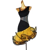 preiswerte Kleidung für lateinamerikanische Tänze-Tanz-Salsa-Latin-Tanzkleid mit Kristallen/Strasssteinen, Damen-Training, ärmellos, hoher Spandex-Organza