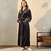 preiswerte Bademäntel für Damen-Damen-Schlafanzug, Bademantel, Nachthemd, 1 Stück, reine Farbe, warmer Plüsch, lässig, Party, Zuhause, Alltag, Fleece, Frottee, V-Bügel, lange Ärmel, moderner Stil, Gürtel inklusive Tasche,