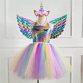abordables Robes avec des licornes-Enfants Fille Robe à imprimé arc-en-ciel Coloré Soirée Robe Tutu La photographie Paillettes Licou Le style mignon Princesse Tulle 2-8 ans Argent Violet Dorée
