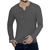preiswerte Lässiges Henley-T-Shirt-Herren T-Shirt mit Knöpfen T Shirt Langarmshirt Langarm Stehkragen Frühling &amp; Herbst Einfach Leicht Klassisch Lässig Button-Down Urlaub Lässig Ferien Wein Schwarz Weiß Top T-Shirt für Herren