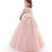 cheap Flower Girl's Dresses-Kids Girls' Flower Girl Dress Dress Half Sleeve Wedding Party Lace up Mesh Elegant Vintage Maxi Swing Dress A Line Dress Spring Fall 3-12 Years White Light Green Pink