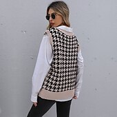 preiswerte سترة تريكو-Women&#039;s Vest Knitted Houndstooth Plaid Stylish Basic Casual Sleeveless Regular Fit Sweater Cardigans V Neck Fall Winter Khaki / Holiday / Going out