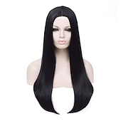 economico Parrucche da festa-parrucche per costume morticia addams la famiglia addams parrucca lunga liscia riga in mezzo parrucca sintetica costume di carnevale