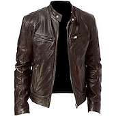 cheap Faux Leather Jackets-Men&#039;s Faux Leather Jacket Transition Jacket Biker Jacket Street Casual Thermal Warm Windproof Zipper Spring Fall Solid Color Pocket Vintage Fashion Stand Collar Regular Faux Leather Slim Fit Silver