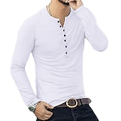 preiswerte Lässiges Henley-T-Shirt-Herren T-Shirt mit Knöpfen T Shirt Langarmshirt Langarm Stehkragen Frühling &amp; Herbst Einfach Leicht Klassisch Lässig Button-Down Urlaub Lässig Ferien Wein Schwarz Weiß Top T-Shirt für Herren