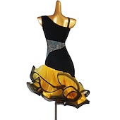 preiswerte Kleidung für lateinamerikanische Tänze-Tanz-Salsa-Latin-Tanzkleid mit Kristallen/Strasssteinen, Damen-Training, ärmellos, hoher Spandex-Organza