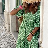 levne Dovolená šaty-dámské dlouhé šaty maxi šaty zelené 3/4 rukáv geometrický patchwork podzim podzim v výstřih volný střih 2023 s m l xl