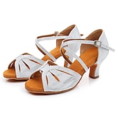 economico Scarpe per balli latini-Scarpe da ballo latino con cinturini dorati da donna – tacchi alti con suola in pelle scamosciata per salsa, ballo da sala e prove