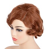abordables Perruques historiques-Perruque des Années 20 Perruque Flapper Femme Brune Vague de Doigt Perruque Flapper Vintage Cheveux Bouclés Courts Bob Années 1920 Grande Gatsby Perruques Synthétiques d'Halloween
