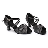 economico Scarpe per balli latini-Scarpe da ballo latino con cinturini dorati da donna – tacchi alti con suola in pelle scamosciata per salsa, ballo da sala e prove