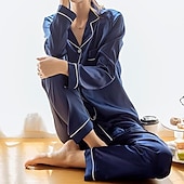 cheap Women&#039;s Sleepwear-Women&#039;s Gift Pajamas Sets Home Party Daily Basic Pure Color Satin Simple Casual Soft Shirt Pant Fall Spring Summer Shirt Collar Long Sleeve Long Pant Buckle Pocket Home Outfits