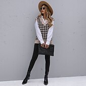 preiswerte سترة تريكو-Women&#039;s Vest Knitted Houndstooth Plaid Stylish Basic Casual Sleeveless Regular Fit Sweater Cardigans V Neck Fall Winter Khaki / Holiday / Going out