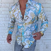 preiswerte Ethnisches Muster-Herren Hemd Knopfhemd Langarm Designer Punk &amp; Gothic Ausgehen Frühling Sommer Stehkragen Patchwork Bedruckt Gelb Rote Blau Purpur