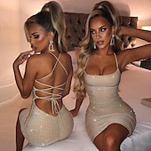 levne Bodycon Club Dresses-dámské pouzdrové šaty společenské šaty krátké minišaty šampaňské zlaté modré bez rukávů čistá barva bez zad nařasené jaro léto studené rameno personalizované stylové horké párty slim 2023 s m l xl xxl