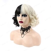 abordables Perruques de personnages de films-perruque gothique rebcass perruque synthétique cosplay cruella boucles lâches bouncy curl bob avec perruque bang soignée cheveux synthétiques noir/or pour femmes résistant à la chaleur bonnet gratuit