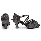 economico Scarpe per balli latini-Scarpe da ballo latino con cinturini dorati da donna – tacchi alti con suola in pelle scamosciata per salsa, ballo da sala e prove