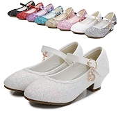 cheap Kids&#039; Princess Shoes-Girls&#039; Glitter Mary Jane Shoes - Sparkly Low Heel Dress Shoes with Strap and Charm for Parties and Special Occasions