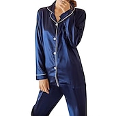 cheap Women&#039;s Sleepwear-Women&#039;s Gift Pajamas Sets Home Party Daily Basic Pure Color Satin Simple Casual Soft Shirt Pant Fall Spring Summer Shirt Collar Long Sleeve Long Pant Buckle Pocket Home Outfits