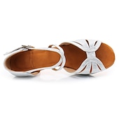 economico Scarpe per balli latini-Scarpe da ballo latino con cinturini dorati da donna – tacchi alti con suola in pelle scamosciata per salsa, ballo da sala e prove