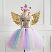 abordables Robes avec des licornes-Enfants Fille Robe à imprimé arc-en-ciel Coloré Soirée Robe Tutu La photographie Paillettes Licou Le style mignon Princesse Tulle 2-8 ans Argent Violet Dorée