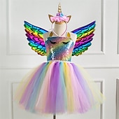 abordables Robes avec des licornes-Enfants Fille Robe à imprimé arc-en-ciel Coloré Soirée Robe Tutu La photographie Paillettes Licou Le style mignon Princesse Tulle 2-8 ans Argent Violet Dorée