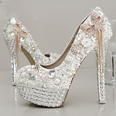 economico Semi-formale-tacchi a spillo con plateau impreziositi da strass bianchi e perle da donna con fiocco – scarpe da sposa di lusso