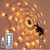 baratos Halloween interno-Luzes de teia de aranha de Halloween 60 LED com aranha preta à prova d&#039;água luzes de rede roxas controle remoto alimentado por USB 8 modos teia de aranha para decoração de quintal de festa iluminação