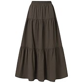 cheap Dresses-Women&#039;s Swing Work Skirts Long Skirt Vintage Summer Maxi Skirts Solid Colored Pleated Ruffle Vacation Causal Black Wine Purple Brown Autumn / Fall Cotton Cotton And Linen