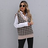 preiswerte سترة تريكو-Women&#039;s Vest Knitted Houndstooth Plaid Stylish Basic Casual Sleeveless Regular Fit Sweater Cardigans V Neck Fall Winter Khaki / Holiday / Going out