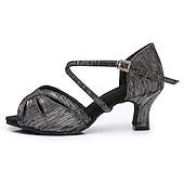 economico Scarpe per balli latini-Scarpe da ballo latino con cinturini dorati da donna – tacchi alti con suola in pelle scamosciata per salsa, ballo da sala e prove