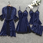 cheap Women&#039;s Sleepwear-Women&#039;s Lace Satin Silk Pajamas Sets 4 Pcs Home Party Daily Elastic Waist Pure Color Satin Simple Casual Soft Strap Top Shorts Fall Winter Spring Strap Short Sleeves Long Sleeve Home Outfits