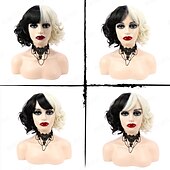 abordables Perruques de personnages de films-perruque gothique rebcass perruque synthétique cosplay cruella boucles lâches bouncy curl bob avec perruque bang soignée cheveux synthétiques noir/or pour femmes résistant à la chaleur bonnet gratuit