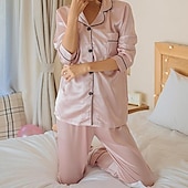 cheap Women&#039;s Sleepwear-Women&#039;s Gift Pajamas Sets Home Party Daily Basic Pure Color Satin Simple Casual Soft Shirt Pant Fall Spring Summer Shirt Collar Long Sleeve Long Pant Buckle Pocket Home Outfits