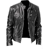 cheap Faux Leather Jackets-Men&#039;s Faux Leather Jacket Transition Jacket Biker Jacket Street Casual Thermal Warm Windproof Zipper Spring Fall Solid Color Pocket Vintage Fashion Stand Collar Regular Faux Leather Slim Fit Silver