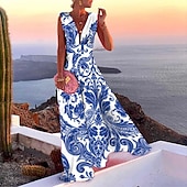 cheap Vacation Dresses-Women&#039;s Casual Dress Swing Dress Long Dress Maxi Dress Blue Light Green Fuchsia Sleeveless Floral Print Spring Summer V Neck 2023 S M L XL XXL
