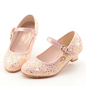 cheap Kids&#039; Princess Shoes-Girls&#039; Glitter Mary Jane Shoes - Sparkly Low Heel Dress Shoes with Strap and Charm for Parties and Special Occasions